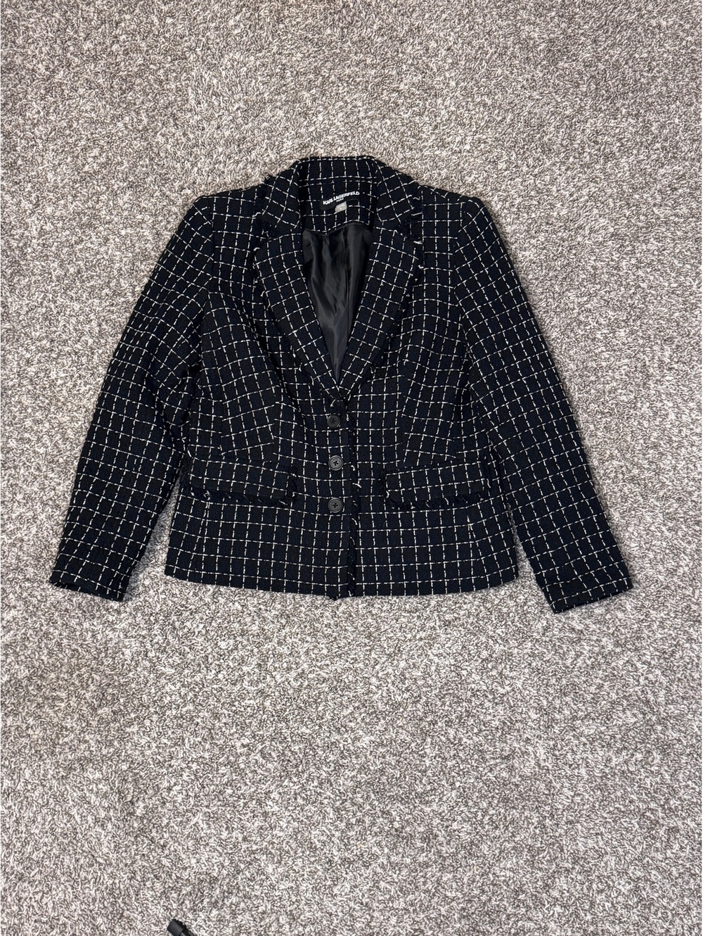 Karl Lagerfeld Paris Women’s Black & Ivory Windowpane Tweed Blazer – Size 12